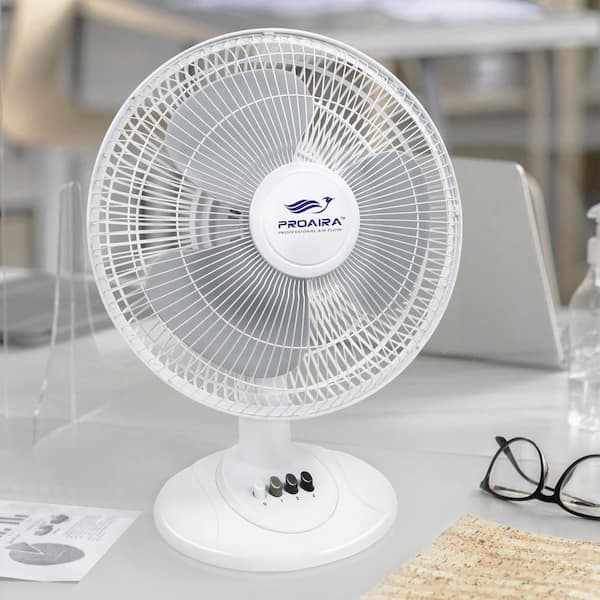 12 in. Oscillating Table Fan in White with Adjustable Tilt and 3 Speed Control