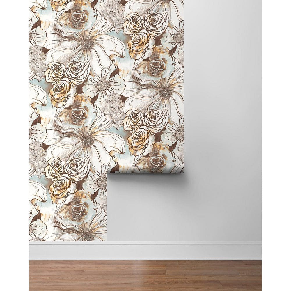 Mocha and Blue Mist Floral Vinyl Peel and Stick Wallpaper