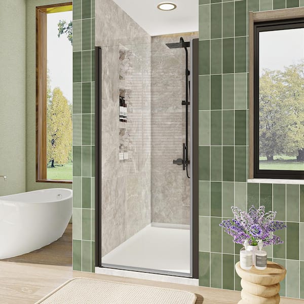 ANGELES HOME 34-35 3/8 in. W x 72 in. H Frameless Pivot Shower Door in Matte Black 1/4 in. Tempered Glass, Open Outside, Easy Install
