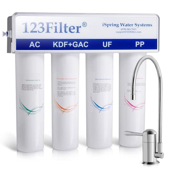 ISPRING 4-Stage 0.1 Micron Ultra-Filtration Under Sink / Inline Water Filtration System with No-Pressure Chrome Faucet