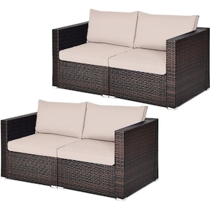 4-Piece Wicker Outdoor Rattan Corner Sectional Sofa Set Patio Furniture Set with Beige Cushions