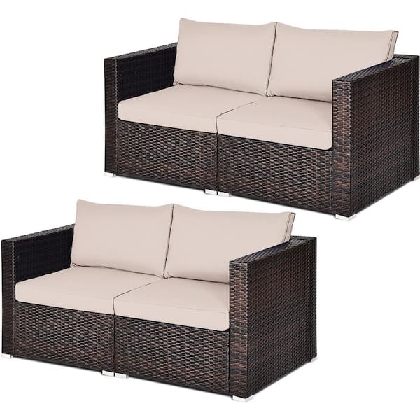 Gymax 4-Piece Wicker Outdoor Rattan Corner Sectional Sofa Set Patio Furniture Set with Beige Cushions