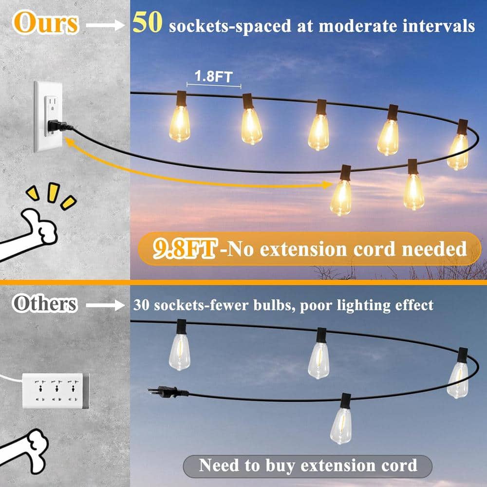100FT Black LED Outdoor String Lights with Shatterproof Edison Bulbs