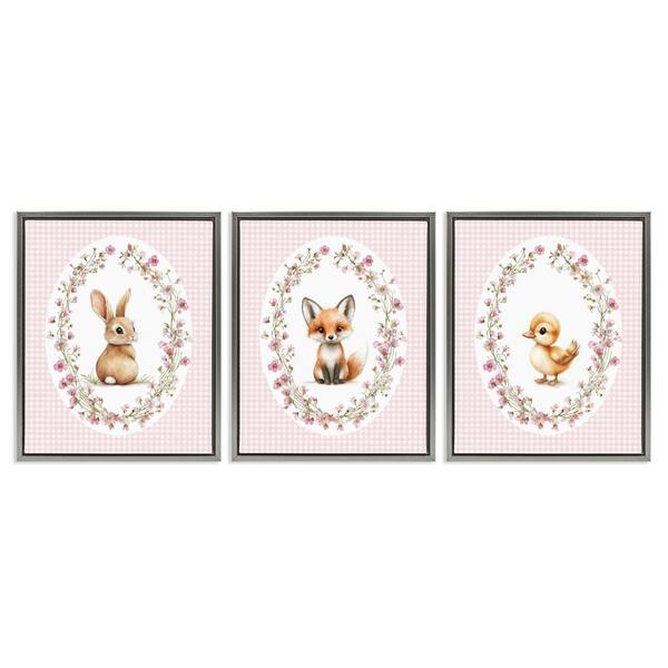 Spring Gingham Animals 3 Piece Gray Framed Floater Canvas Set, design by Christine Simpson Art