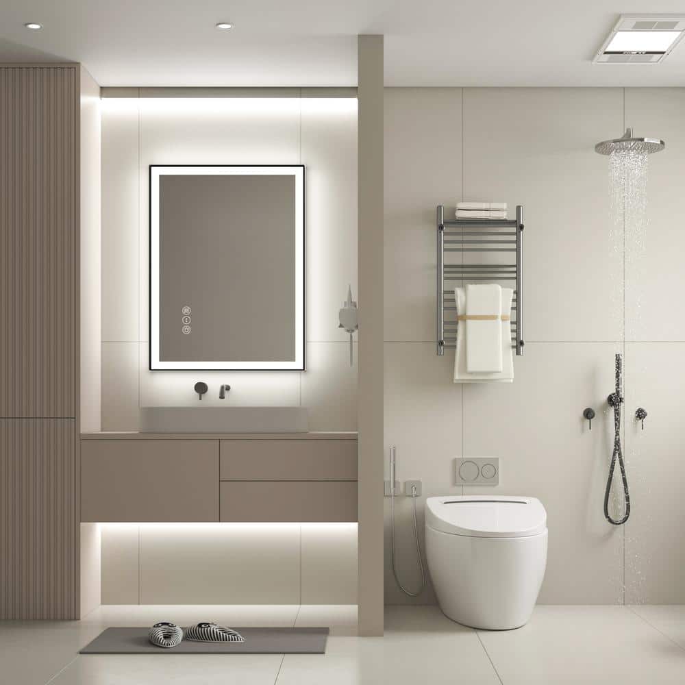 24x32 Inch Black Aluminum LED Vanity Mirror with Anti-Fog