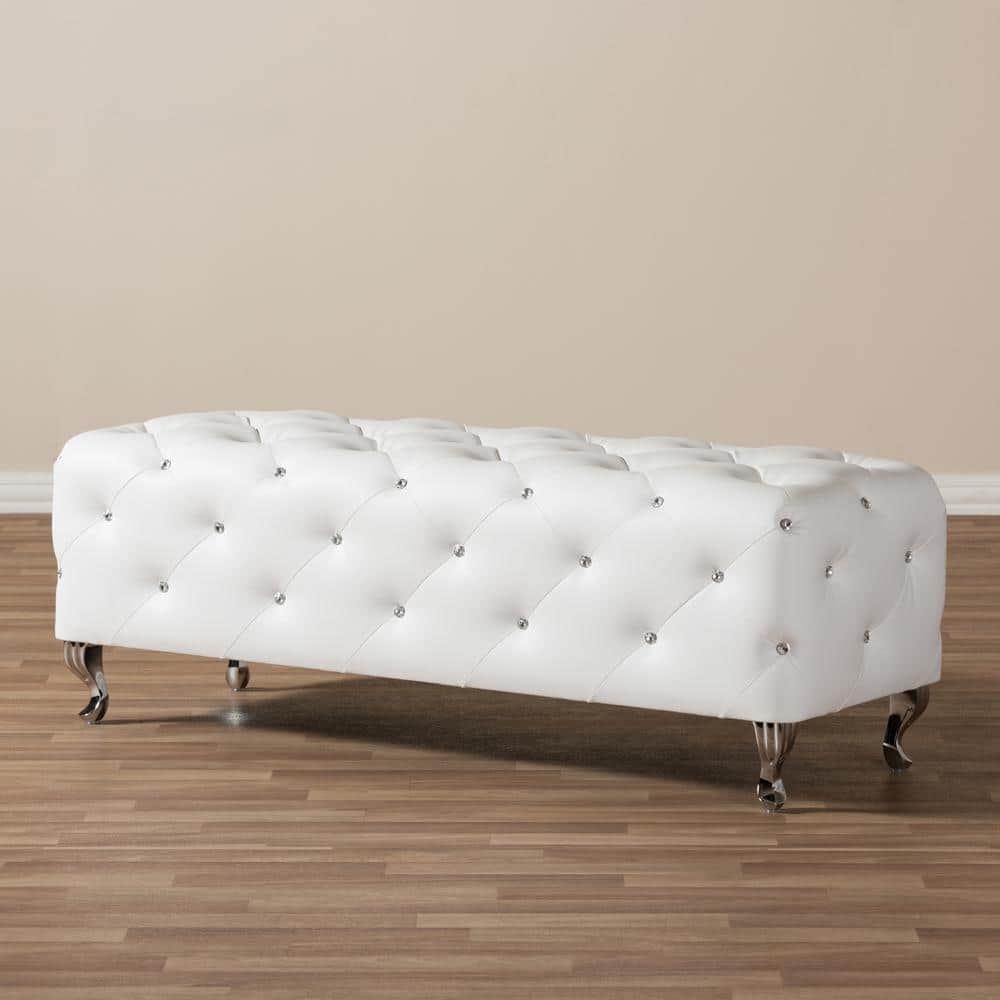 Stella Crystal-Tufted White Faux Leather Modern Bench