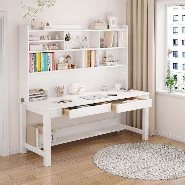 63 in. W White Kids Study Desk with Hutch, Wooden Writing/Computer Desk, Dual-Position Kids Desk with Drawers for Home