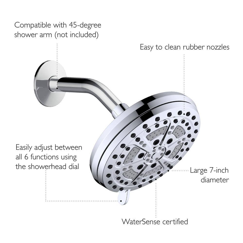 Mills Modern 7-inch Chrome 6-Function Wall Mounted Shower Head