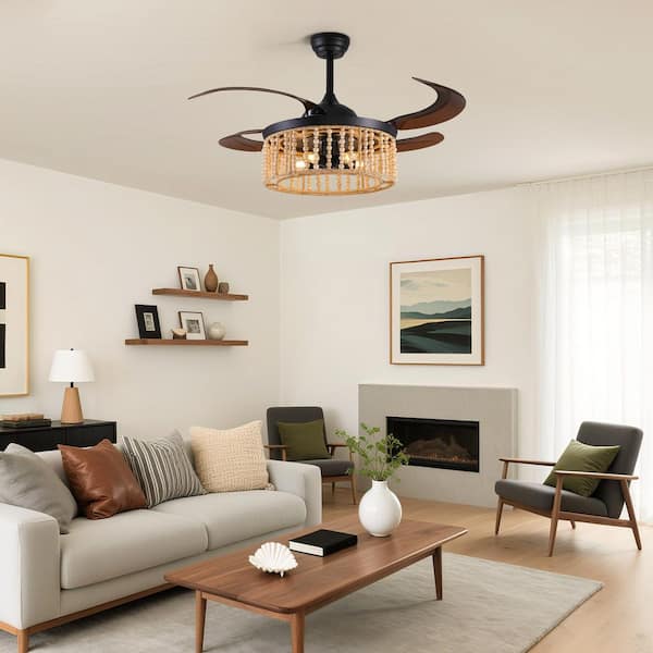 48 in. Indoor 5-Lights Bohemian Wood Bead Lampshade Black Ceiling Fan with Light Kit and Remote Control