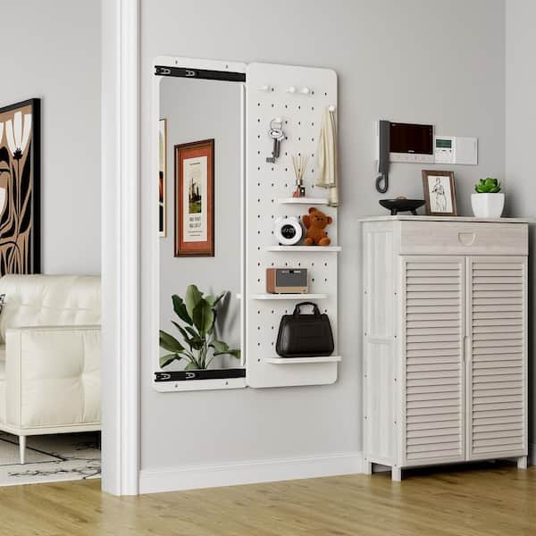 38.8 in. W x 47.64 in. H Wall Mounted Full-Length Mirror with Multifunctional Design Panel and Hook, White Rubber Wood