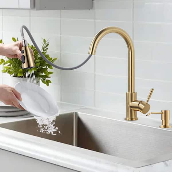 Single Handle Pull Down Sprayer Kitchen Faucet with 3-Function Sprayer and Soap Dispenser in Brushed Gold