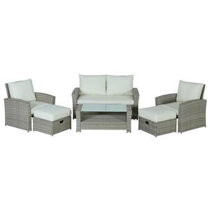 Gray 6-Piece Wicker Outdoor Patio Conversation Set Sectional Set with Beige Cushions