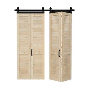 68 in. x 84 in. Unfinished Solid Core Pine Wood Louver Bi-Fold Sliding Barn Door with Hardware Kit