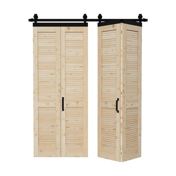 ARK DESIGN 68 in. x 84 in. Unfinished Solid Core Pine Wood Louver Bi-Fold Sliding Barn Door with Hardware Kit