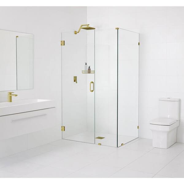 Glass Warehouse 59 in. W x 30 in. D x 78 in. H Pivot Frameless Corner Shower Enclosure in Satin Brass Finish with Clear Glass