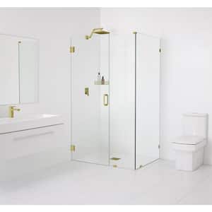 59 in. W x 32 in. D x 78 in. H Pivot Frameless Corner Shower Enclosure in Satin Brass Finish with Clear Glass