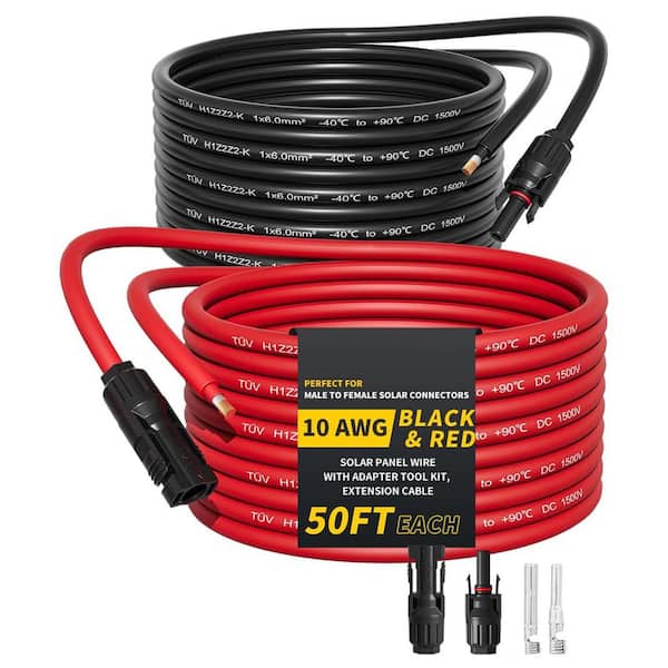 50 Feet 10AWG Solar Extension Cable with Connectors Red Black with Extra Pair of Connectors