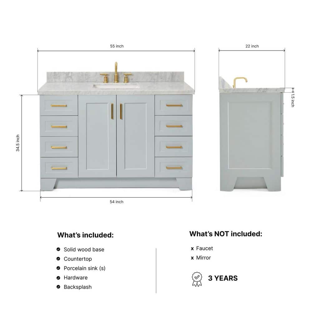 Taylor 55" Grey Wood Freestanding Single Basin Vanity with Marble Top