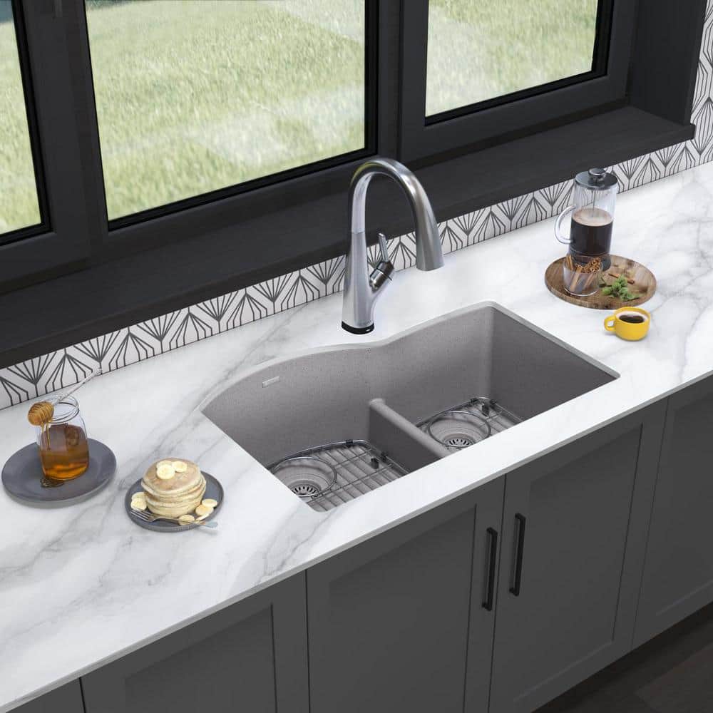 Graystone Double Bowl Stone Undermount Kitchen Sink with Faucet