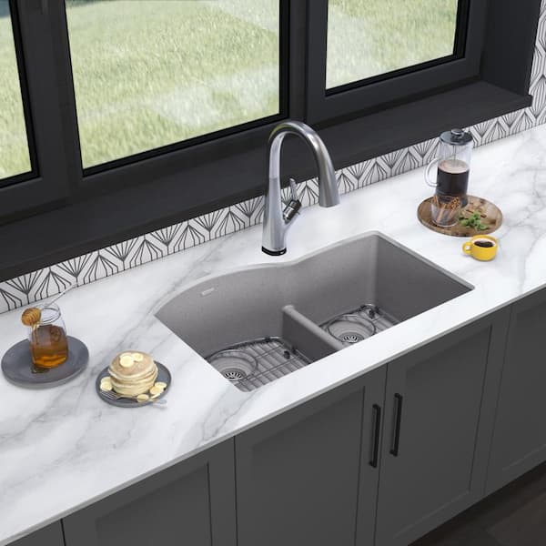 Quartz Classic 33 in. Undermount Double Bowl Greystone Granite/Quartz Composite Kitchen Sink Kit w/ Faucet and Accs