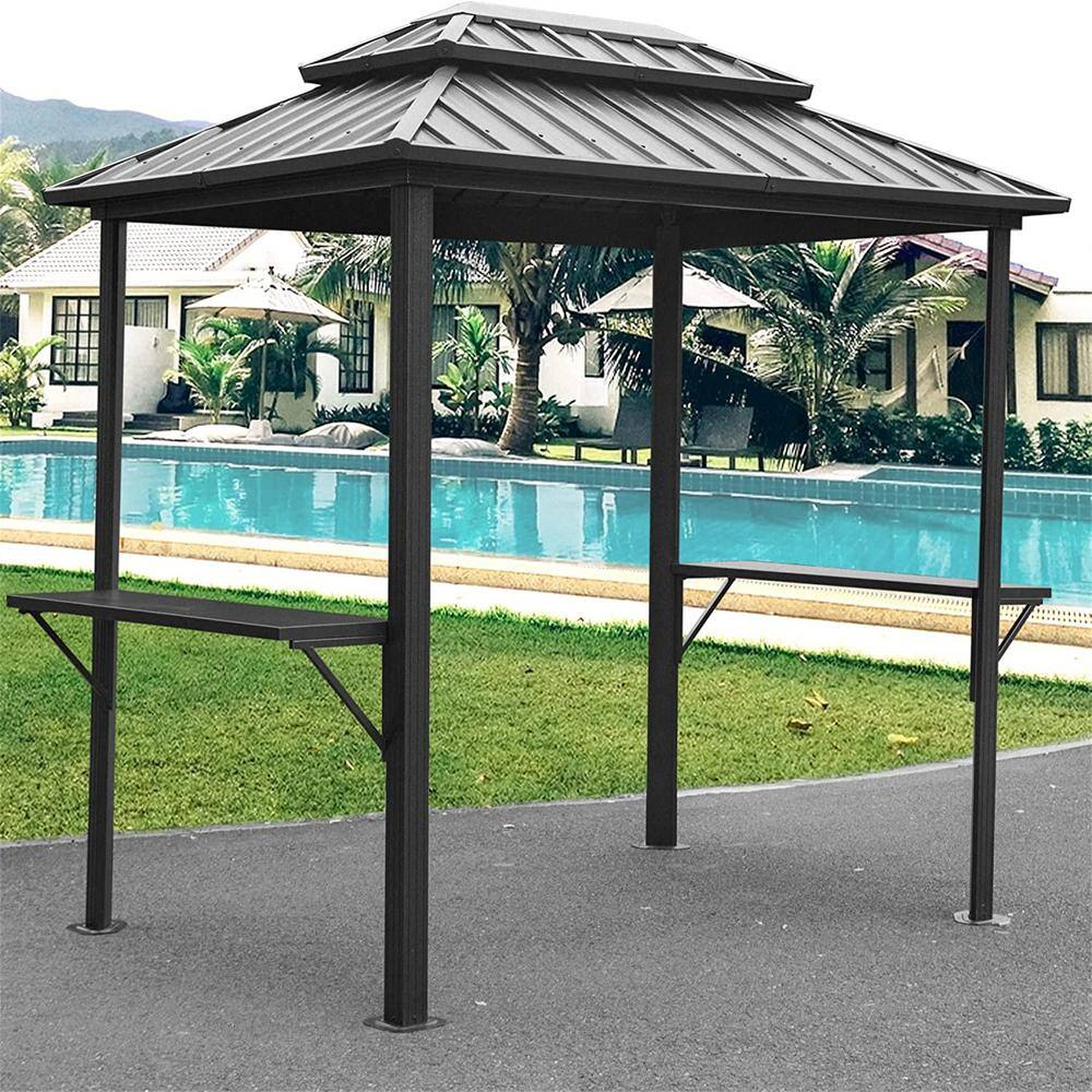 Gray Aluminum Grill Gazebo with Double Roof and Side Shelves