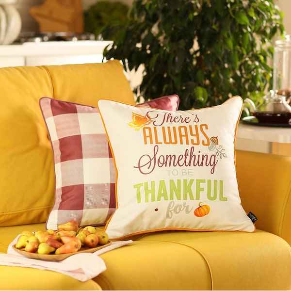 Mike & Co. New York Fall Season Decorative Throw Pillow Plaid & Quote 18 in. x 18 in. Yellow & Orange Square Thanksgiving for Couch Set of 2, White/