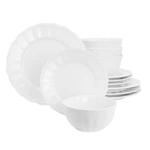 Ultra Durable 12-Piece White Fine Ceramic Embossed Dinnerware Set