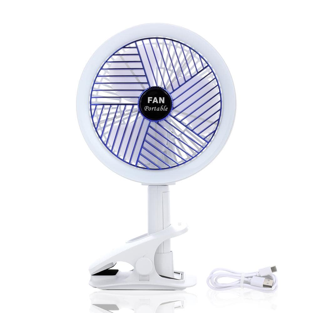 7 in. 4 fan speeds Pedestal Fan in White, Clip-On w/LED Lamp Rechargeable, 