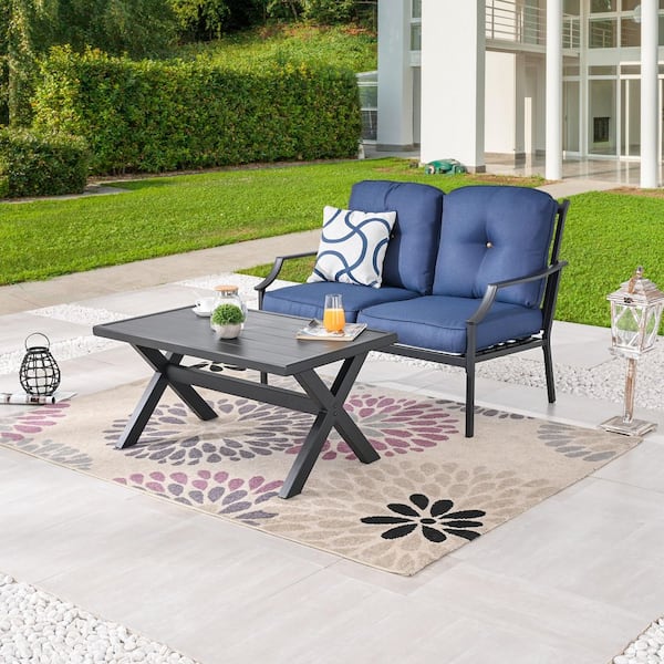 TOP HOME SPACE 2-Piece Metal Patio Conversation Set with Blue Cushions