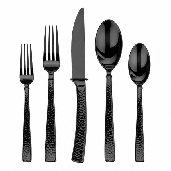40-Piece Hammered Handle Black Stainless Steel Flatware Set for 8 with Elegant Gift Box
