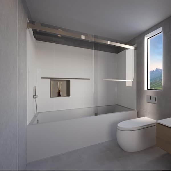 NuVo Dove Grey-Tetherow 60 in. L x 32 in. W x 83 in. H Rectangular Tub/ Shower Combo Unit in Brushed Nickel Left Drain