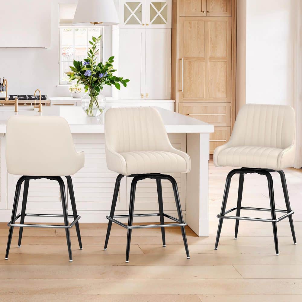 Hudi 26 in. H Ivory White Low Back Metal Bar Stool with Channel-Stitched Semi-PU Leather Seat Set of 3 price history on PriceWatchPro