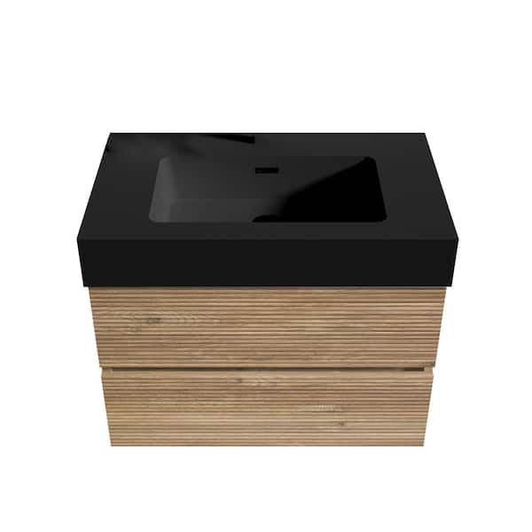 30 in. W Single Sink Wall-Mounted Bath Vanity in Oak with Black Solid Surface Top Unassembled