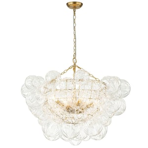 Neuvy 33 in.W 8-Light Brushed Gold Cluster Chandelier with Petal Ribbed Glass Shades for Staircase and Living Room