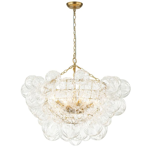 HUOKU Neuvy 33 in.W 8-Light Brushed Gold Cluster Chandelier with Petal Ribbed Glass Shades for Staircase and Living Room