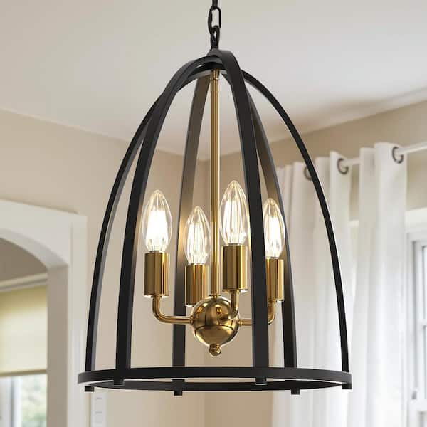 4-Light Black Rustic Lantern Pendant w/Chain, Open Frame Farmhouse Chandelier for Hallways and Entryways
