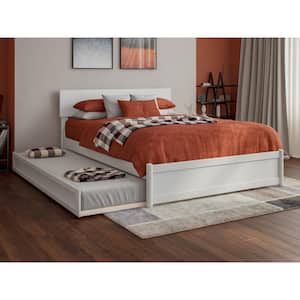 Wesley White Solid Wood Frame Full Platform Bed with Panel Footboard and Twin Trundle