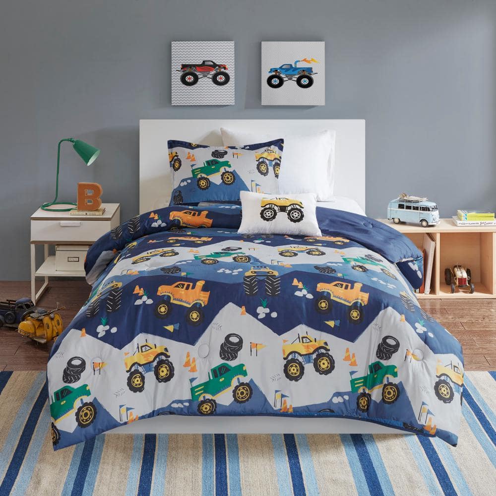 Blue Twin Monster Truck Reversible Comforter Set