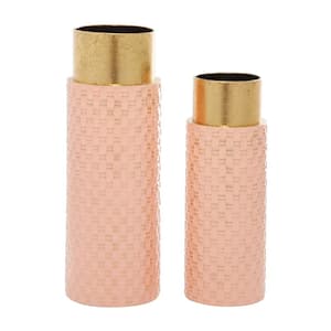 Pink Weave Inspired Metal Decorative Vase with Gold Top (Set of 2)