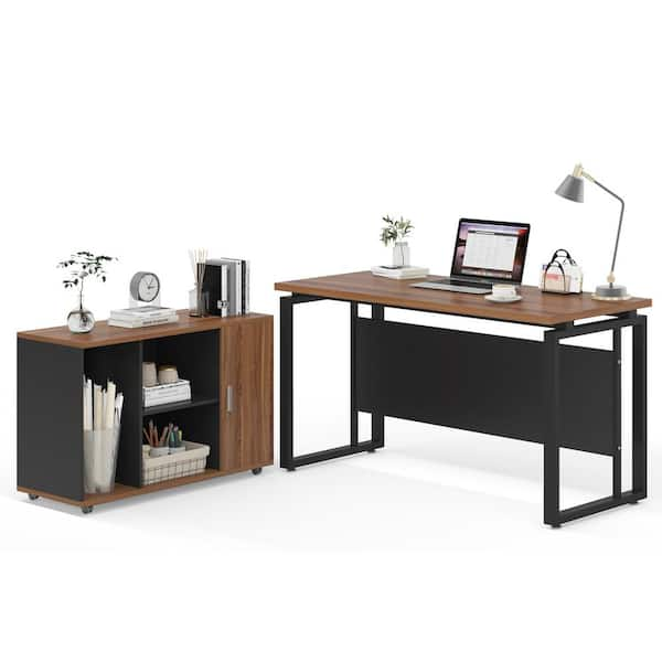 TribeSigns L Shaped Desk with 2 Drawers, 55 Inch Executive Office Desk with Cabinet Storage Shelves, Brown