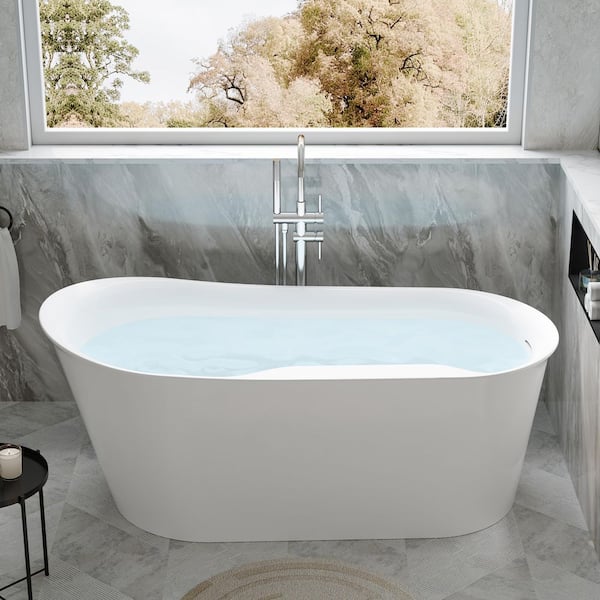 66 in. x 31 in. Acrylic Freestand Soaking Bathtub with Drain in Glossy White