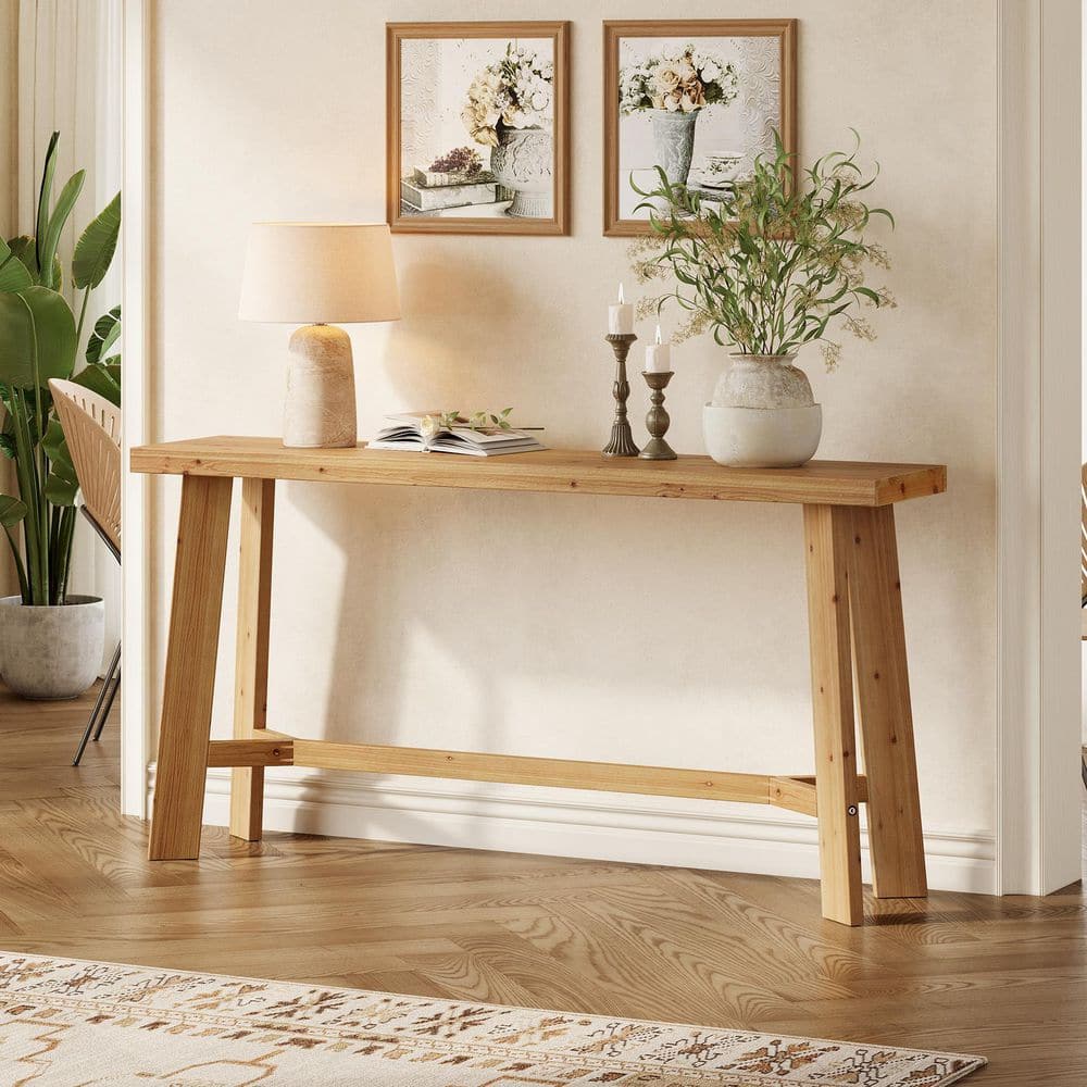 63 in. Natural Wood Color Rectangle Solid Wood Console Table for Entryway, Sofa Table Behind Couch for Living Room