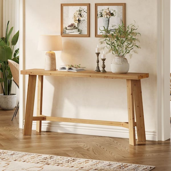 63 in. Natural Wood Color Rectangle Solid Wood Console Table for Entryway, Sofa Table Behind Couch for Living Room