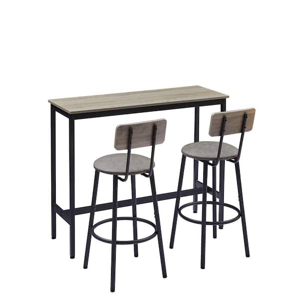 URTR 3-Piece Rectangular Gray Wood Top Bar Table Set with 2 Bar Stools with Faux Leather Seat, Back and Footrest Seats 2
