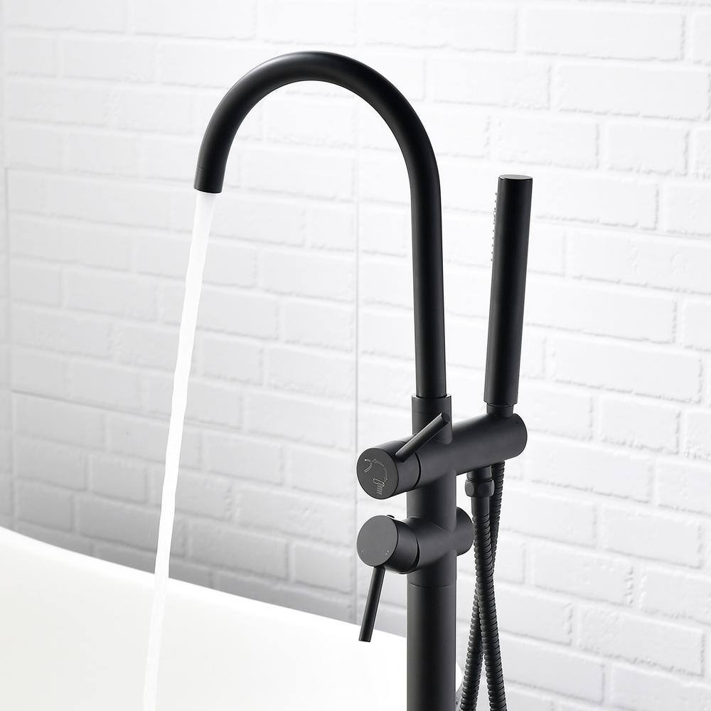 Matte Black Floor Mount Freestanding Tub Filler with Handheld Shower