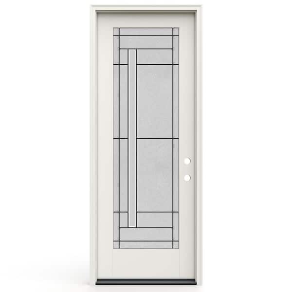 36 in. x 96 in. Left-H and Full Lite Frameless Atherton Decorative Glass Primed Fiberglass Prehung Door W/ Brickmould