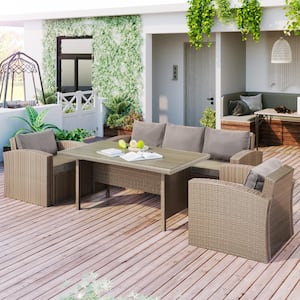 Farmhouse 4-Piece Wicker Outdoor Dining Set Conversation Sofa with Beige Cushions