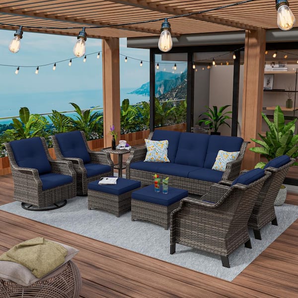 Outdoor Patio Furniture Set 8-Piece Wicker Patio Conversation Seating with Blue Cushion