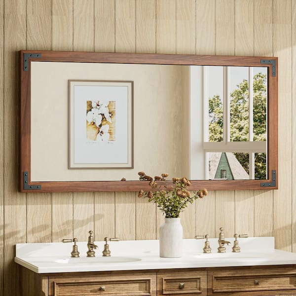 48 in. W x 24 in. H Large Rectangular Rustic Wood Framed Farmhouse Wall Bathroom Vanity Mirror in Brown