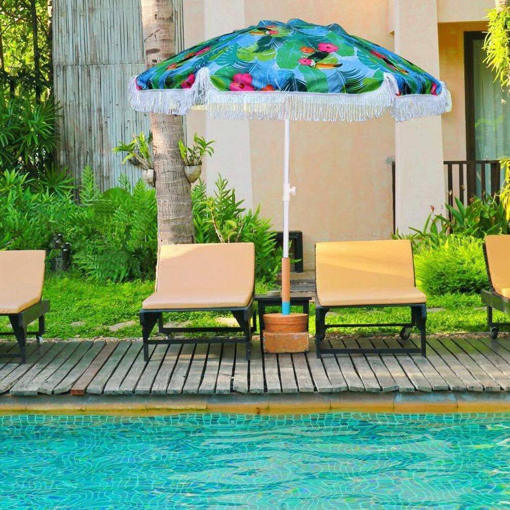 6.5ft Blue Polyester Beach Umbrella with Fringe and Metal Pole